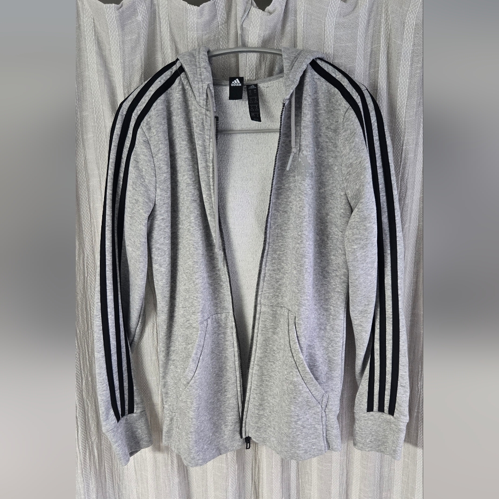 Gray Zip-Up Hoodie with Black Stripes